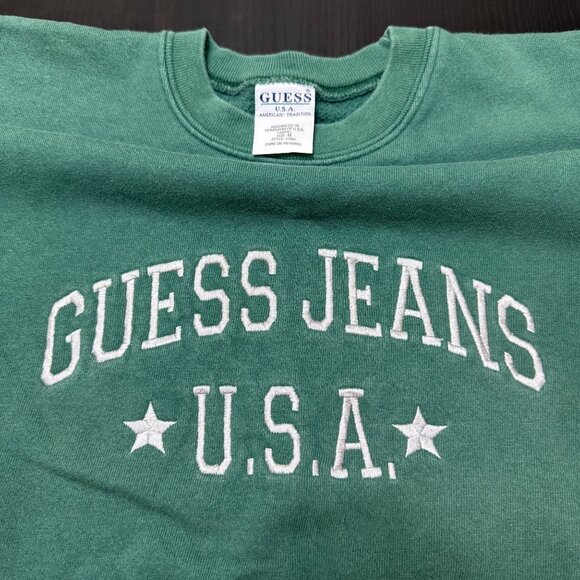 VTG Guess Jeans Sweatshirt Men's Medium Green Embroidered Crewneck 90s USA - Picture 3 of 7